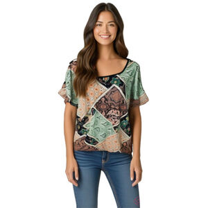 Modern Attraction Patchwork Floral Paisley Top Boho Chic Short Sleeve Blouse XL